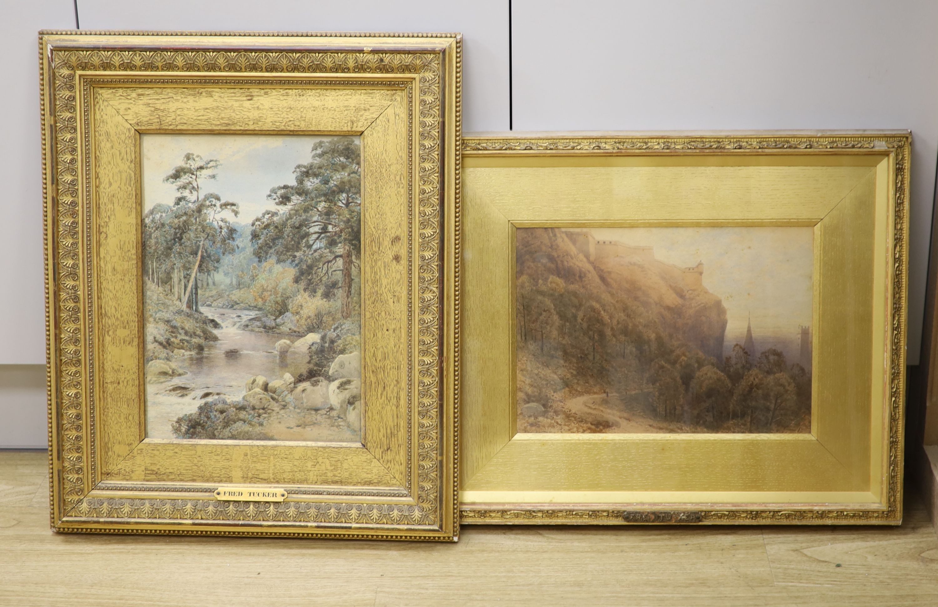 Frederick Tucker (1860-1935), two watercolours, The Castle Road, Edinburgh and a river landscape, both signed, one with artist label verso, 24 x 35cm and 36 x 26cm